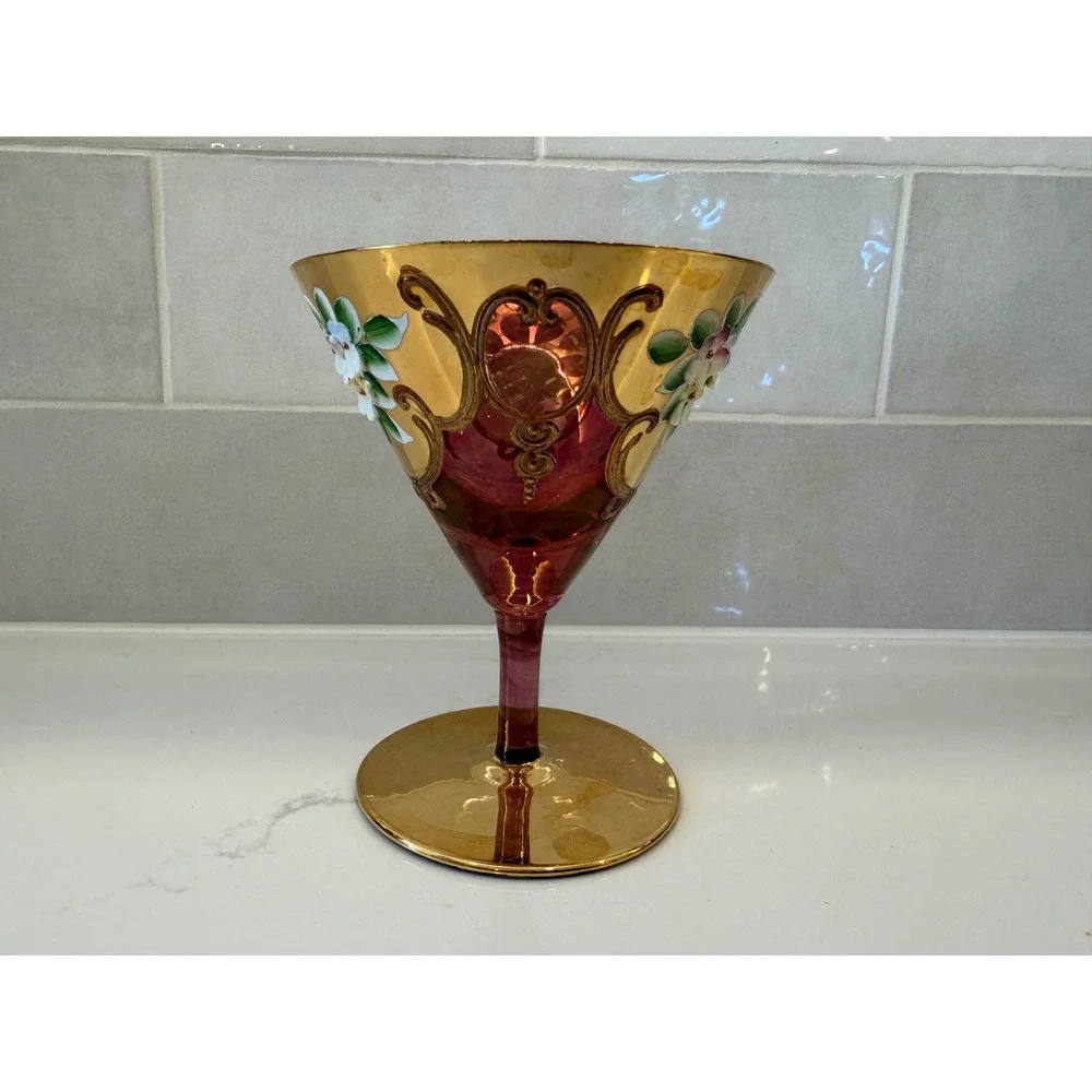 Vtg Murano Cranberry Glass‎ Gold 3D Enamel Floral Martini Goblet Venetian Glass